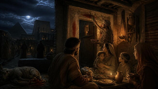 cinematic biblical scene of the first Passover night in ancient Egypt