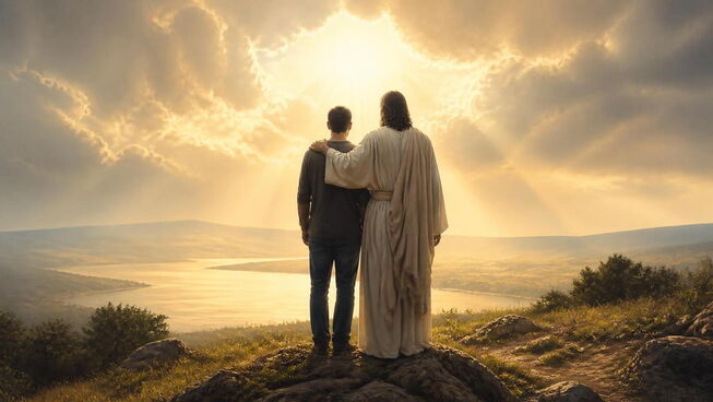 two figures standing together beneath a powerful beam of light, emphasizing peace and reconciliation