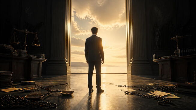 “Amazing Grace” depicts a solitary figure leaving a dark, imposing courtroom and moving toward a radiant refuge, contrasting performance, judgment, debt, and exhaustion with mercy, pardon, and renewed purpose.