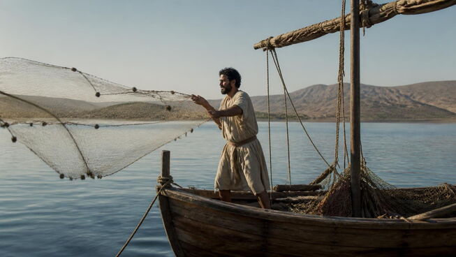 Fisherman casting net from first century AD fishing boat