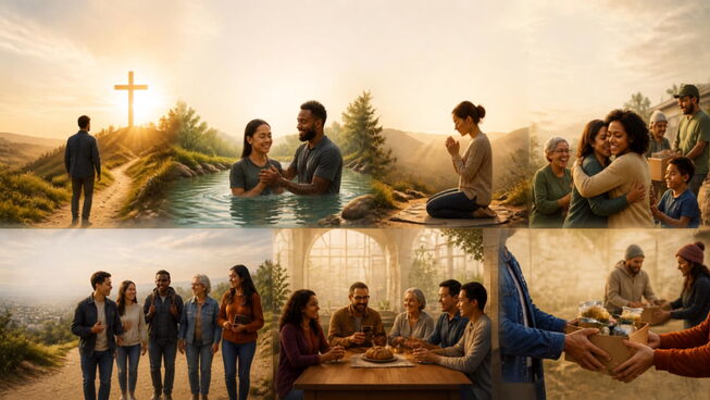 Vignettes representing repentance, baptism, prayer, love, disciple-making, sharing the Lord's supper and giving