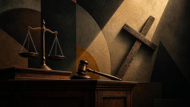 Judge's bench, scales of justice and wooden cross