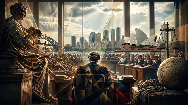 Symbolic courtroom overlooking Sydney skyline